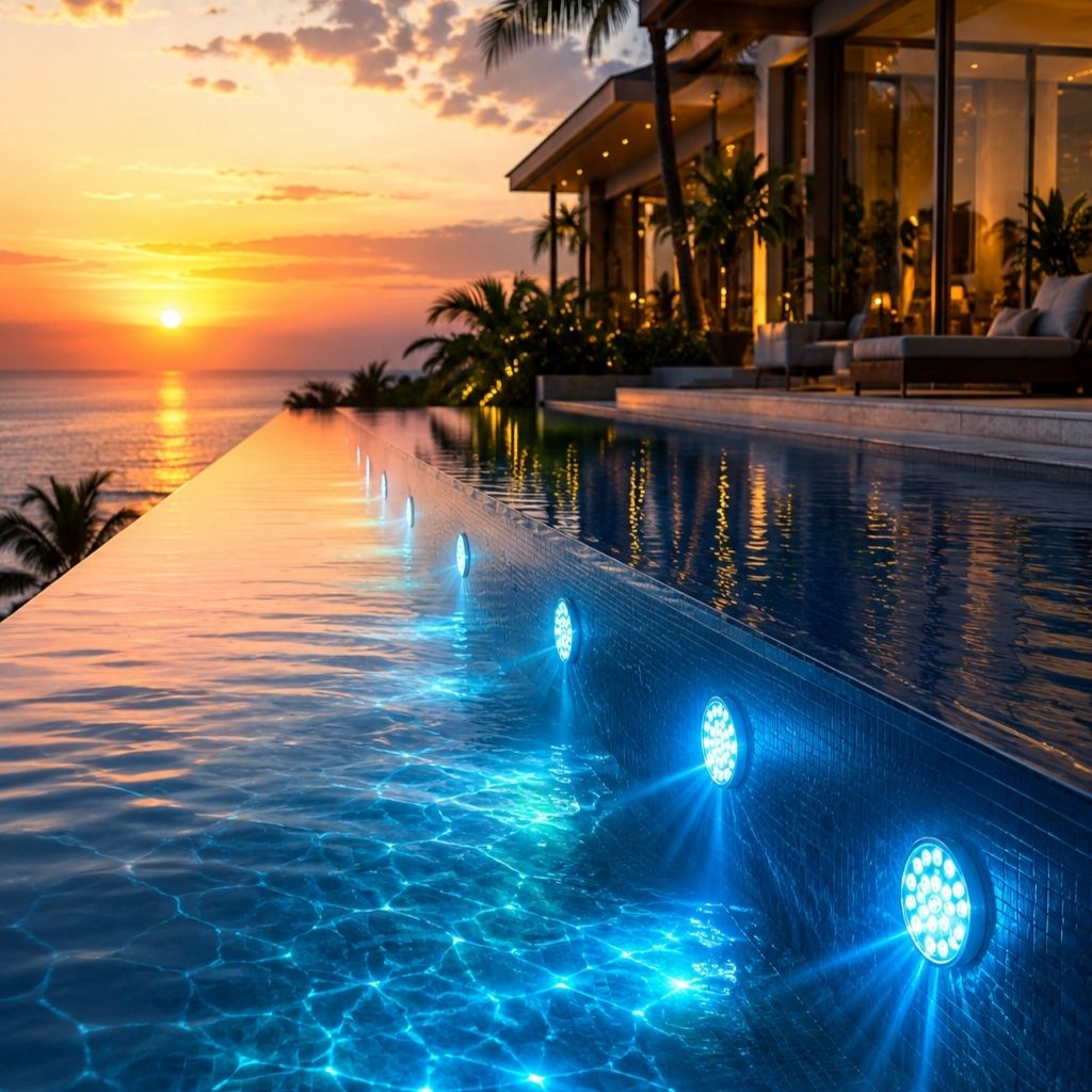 Waterproof pool light displayed underwater.