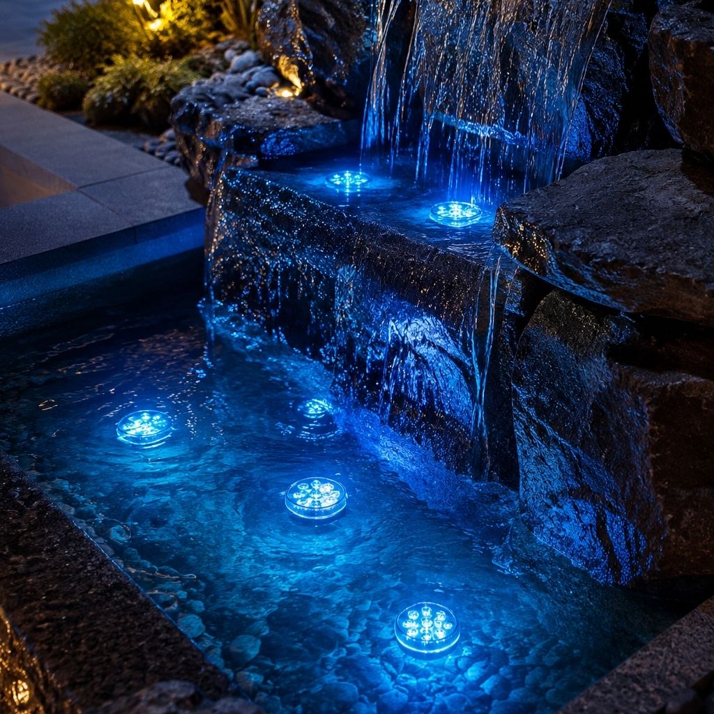 Submersible light illuminating a swimming pool.