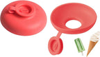 Red popsicle holder shown from two sides with treat examples