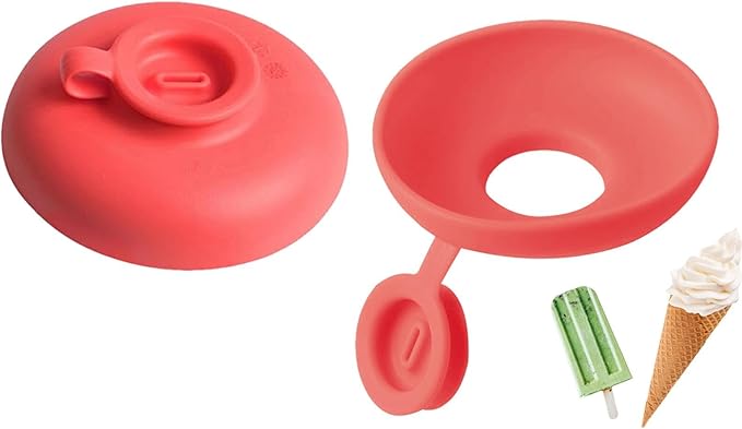 Red popsicle holder shown from two sides with treat examples