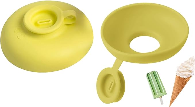 Yellow popsicle holder shown from two sides with treat examples