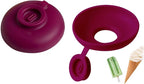 Purple popsicle holder shown from two sides with treat examples