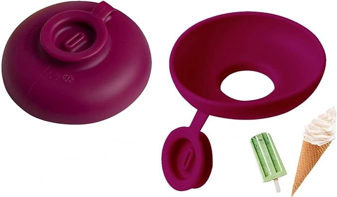 Purple popsicle holder shown from two sides with treat examples