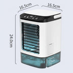 Portable air cooler in white shown in a dimension diagram measuring 24 cm high.