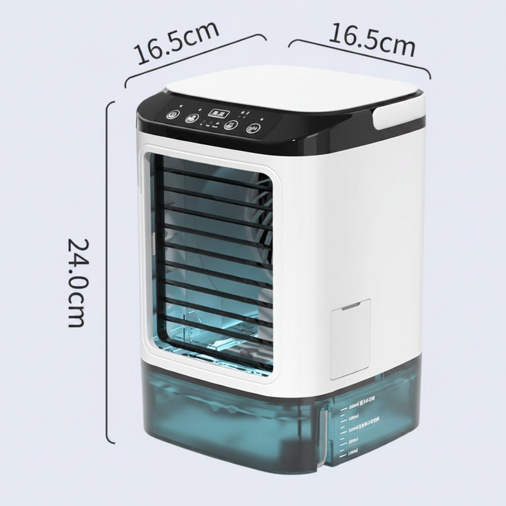 Portable air cooler in white shown in a dimension diagram measuring 24 cm high.