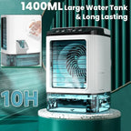 Portable air cooler in white shown with the 1400 ml water tank and ten-hour runtime.