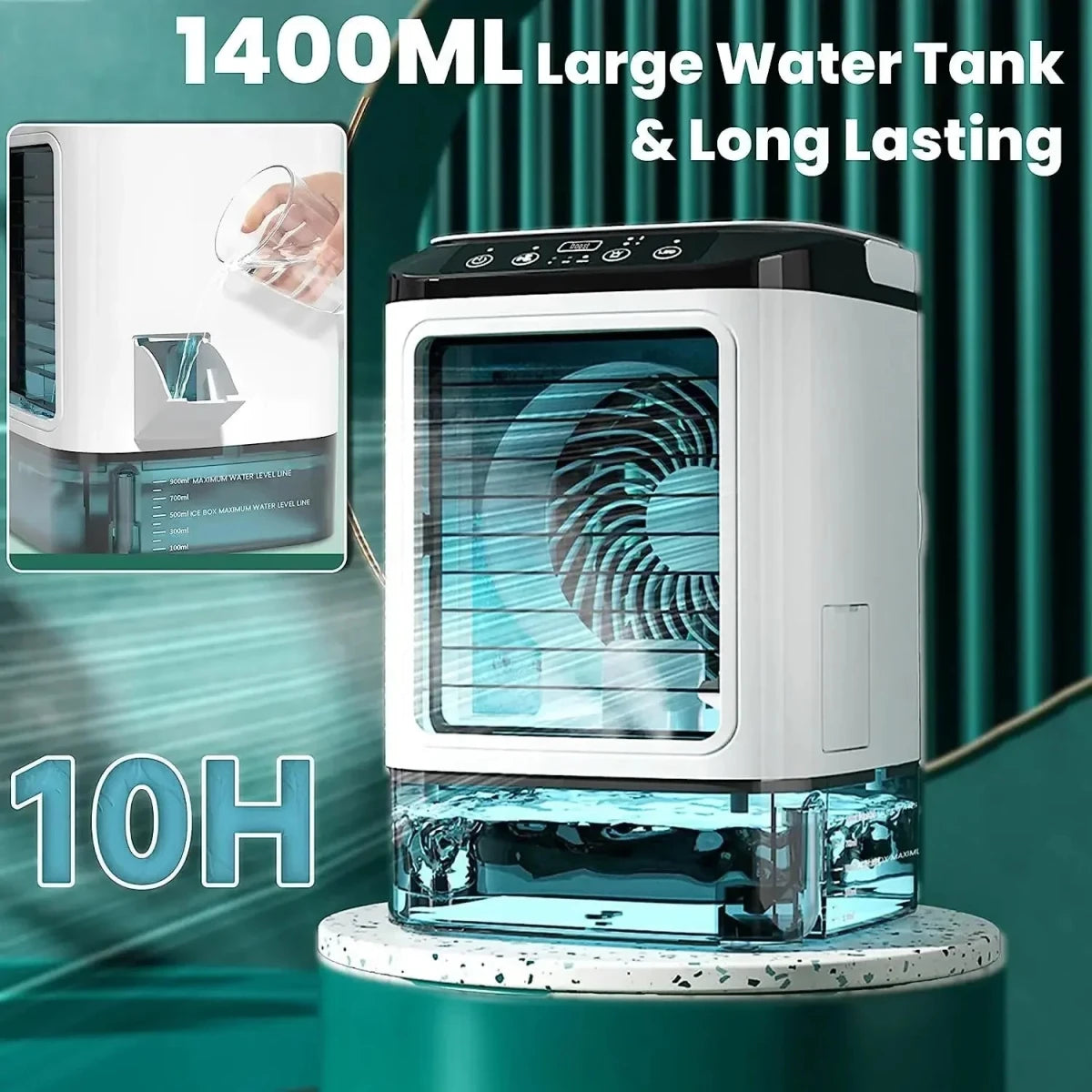 Portable air cooler in white shown with the 1400 ml water tank and ten-hour runtime.