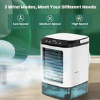 Portable air cooler in white shown with low, medium, and high airflow modes.