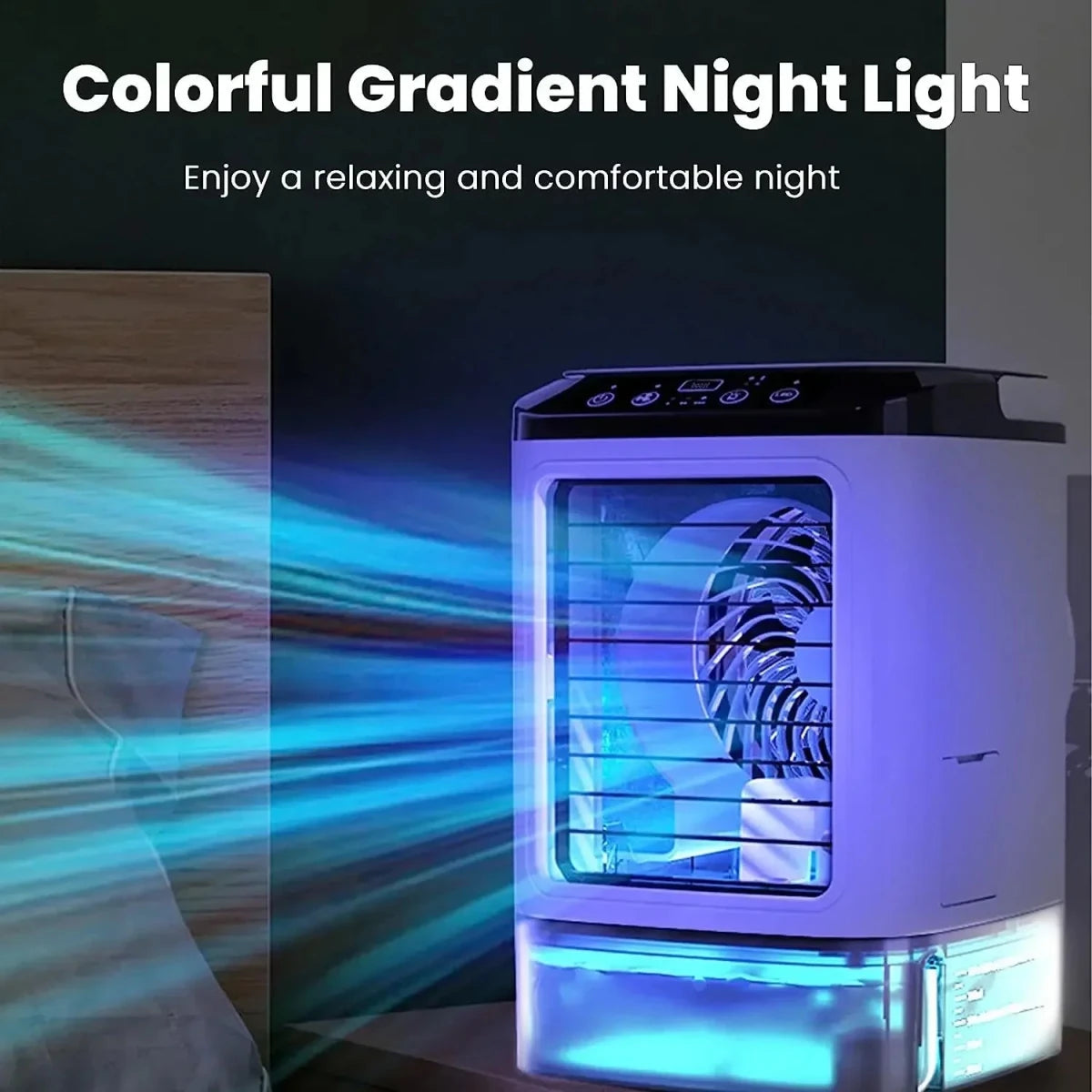 Portable air cooler in white glowing blue as an ambient night light.