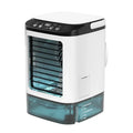 Portable air cooler in white isolated against a pale background.