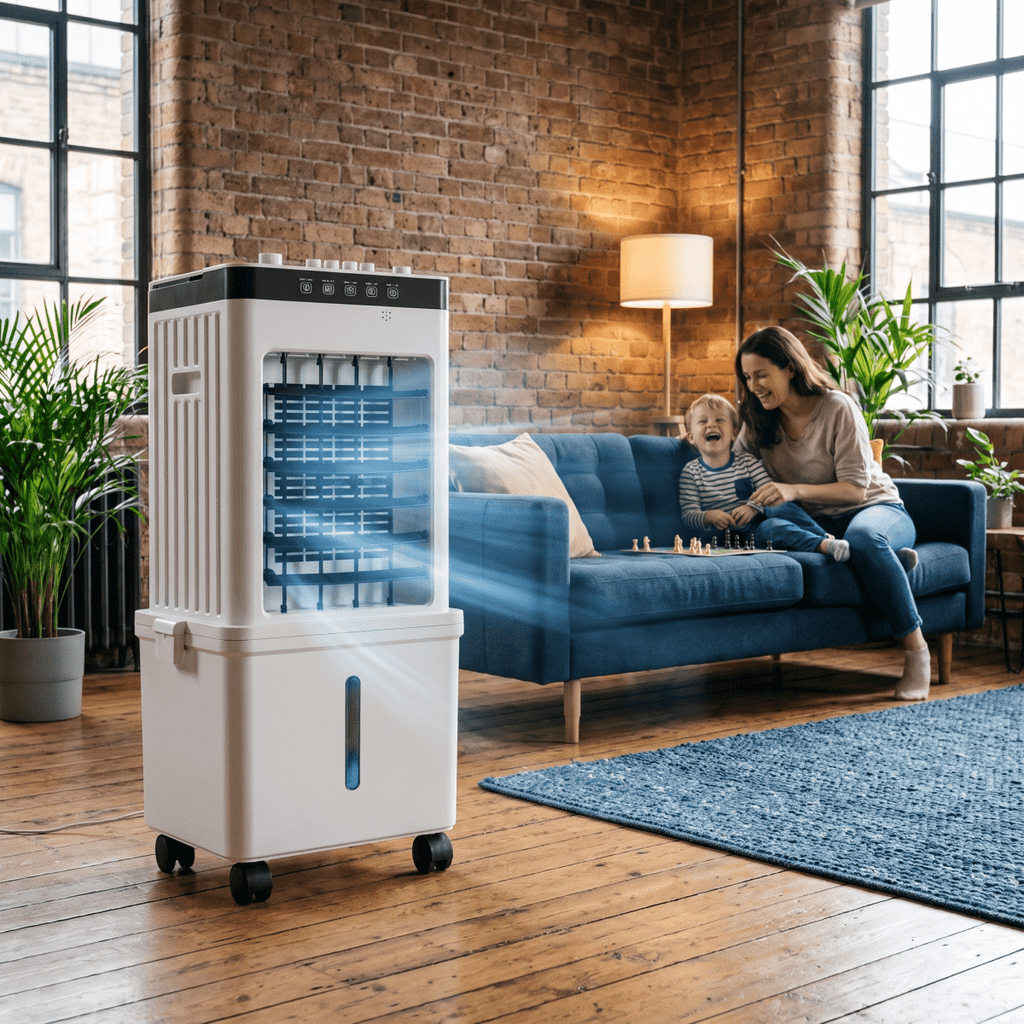 Portable evaporative air cooler in white with black controls beside a family in a loft living room.