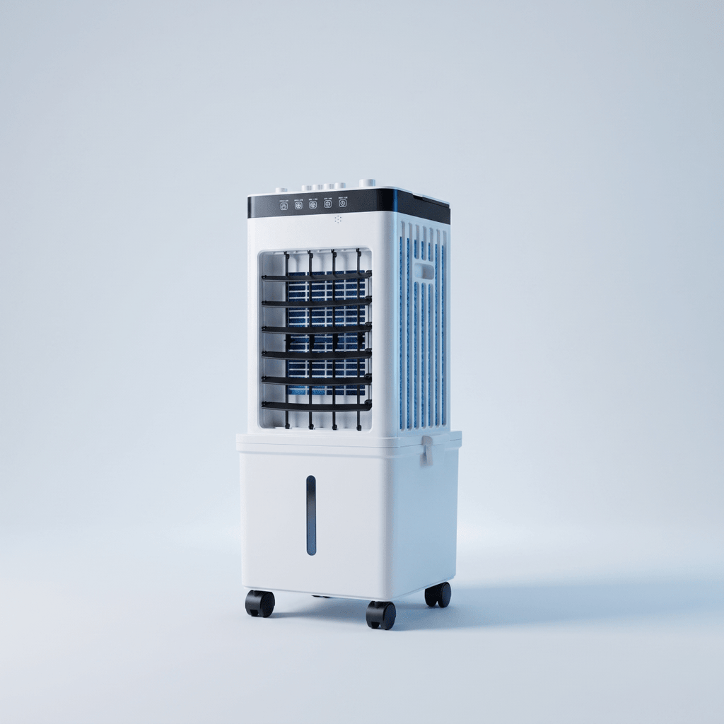 Portable evaporative air cooler centered against a pale studio background.