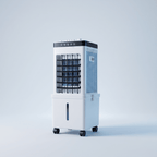 Portable evaporative air cooler centered against a pale studio background.