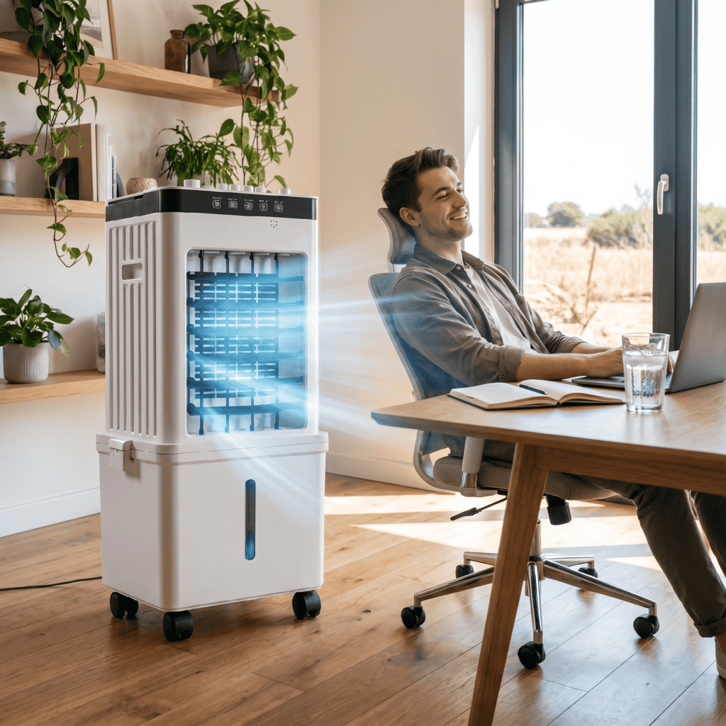 Portable evaporative air cooler beside a desk in a bright home office.