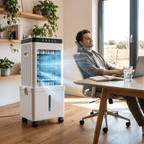 Portable evaporative air cooler beside a desk in a bright home office.