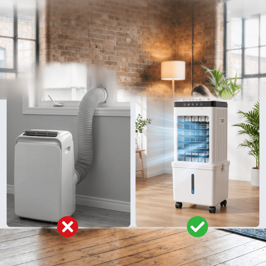 Portable evaporative air cooler shown beside a vented air conditioner comparison.
