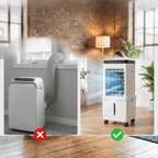 Portable evaporative air cooler shown beside a vented air conditioner comparison.
