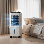 Portable evaporative air cooler positioned beside a bed in a neutral bedroom.