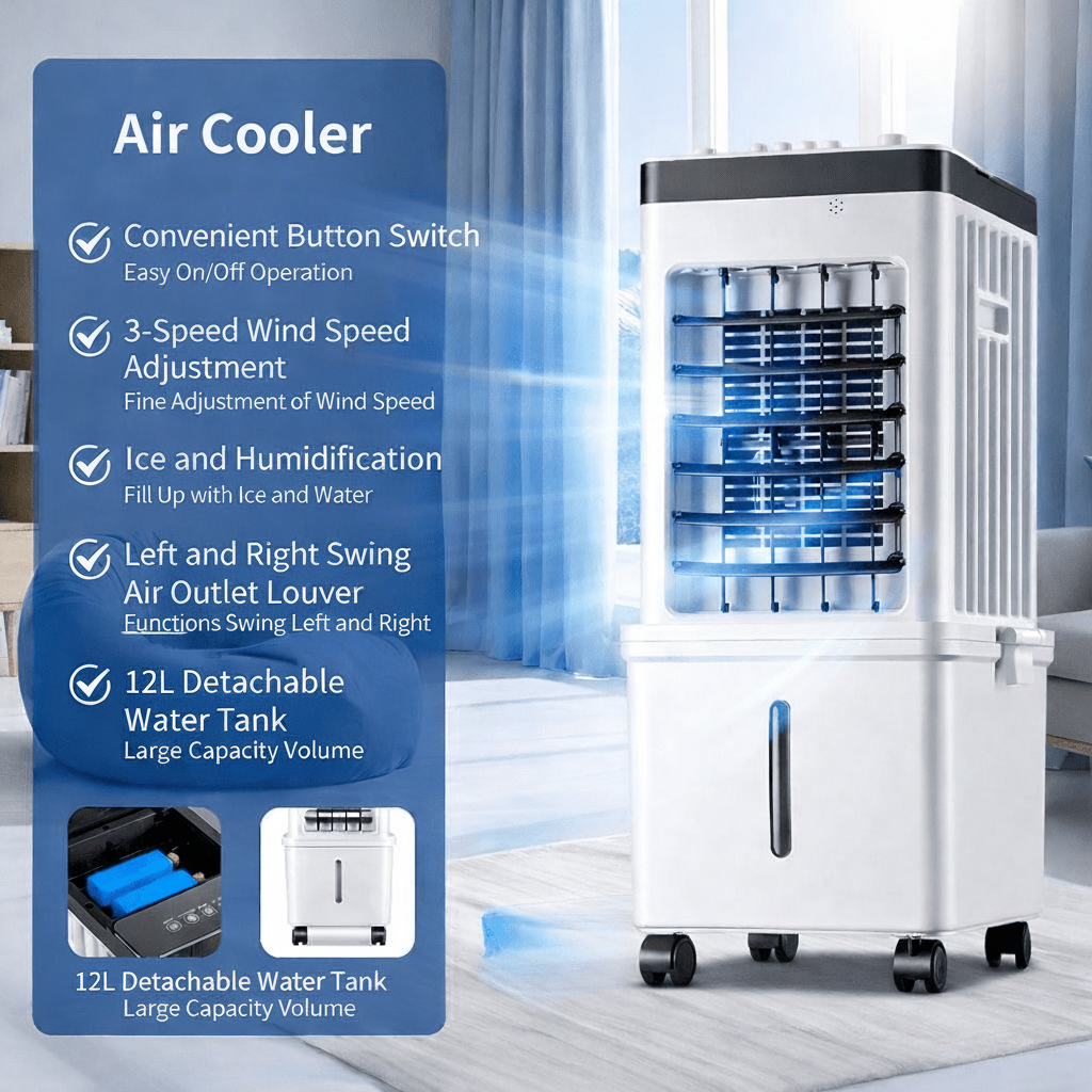 Portable evaporative air cooler with a feature panel and detachable 12 L water tank.