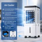 Portable evaporative air cooler with a feature panel and detachable 12 L water tank.
