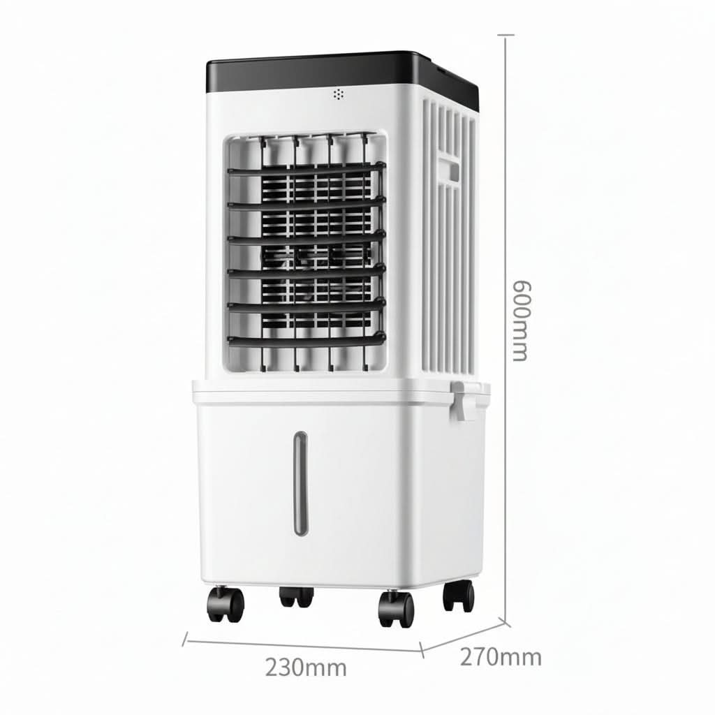 Portable evaporative air cooler shown front-facing with a dimension diagram.