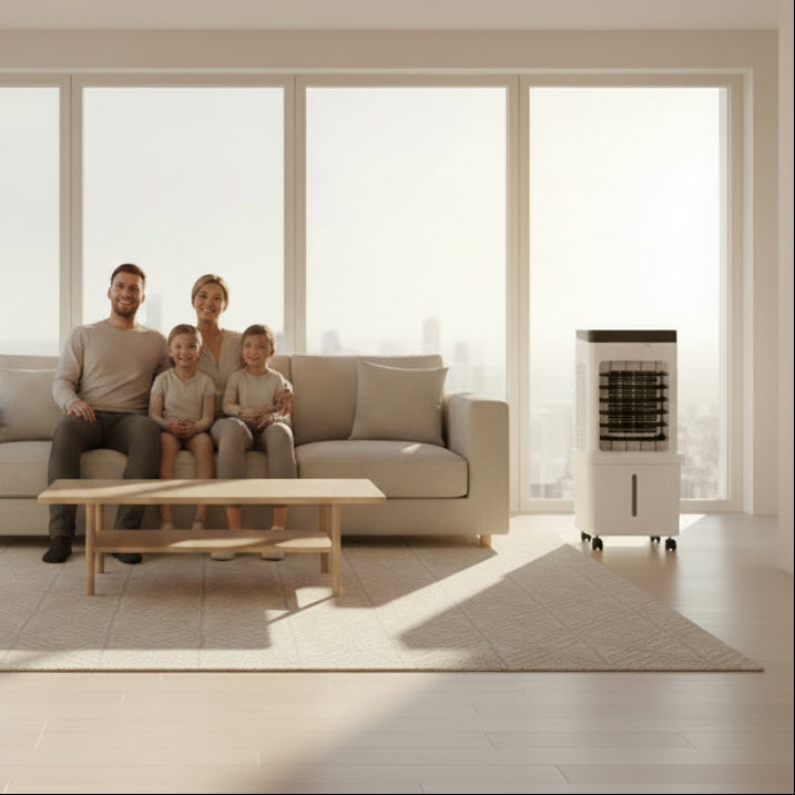 Portable evaporative air cooler in a bright living room with a seated family.
