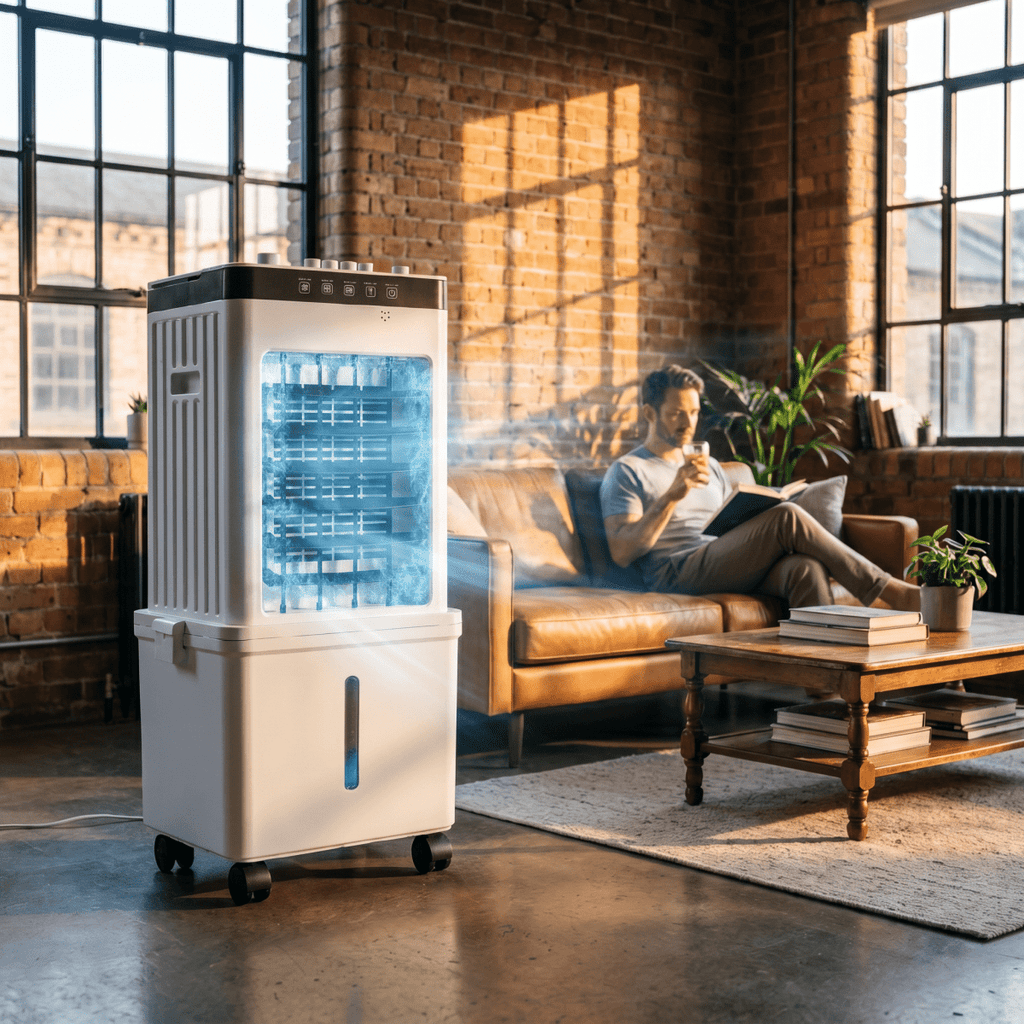 Portable evaporative air cooler beside a leather sofa in a sunlit loft.