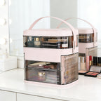 Closed pink makeup organizer with carry handle and clear doors