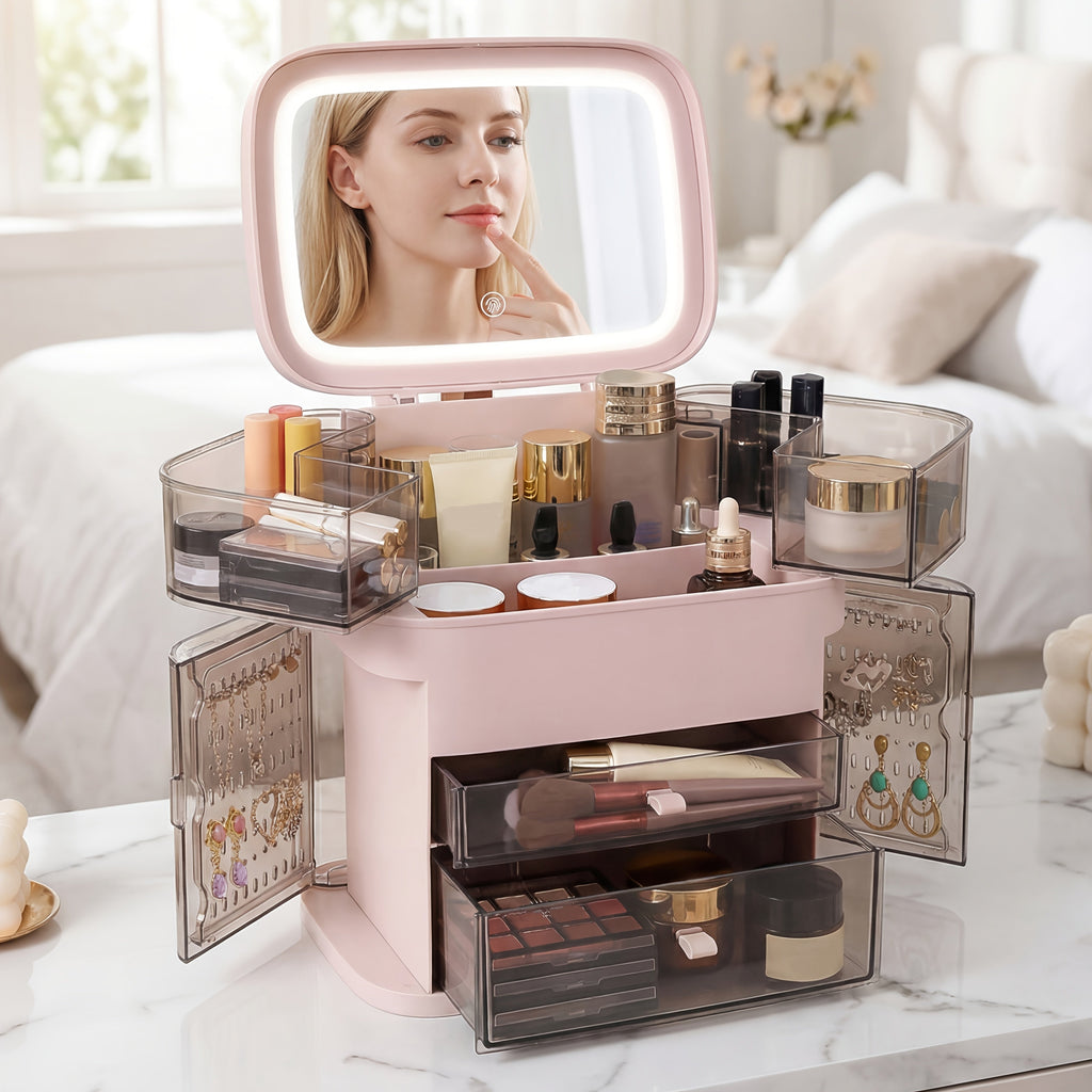 Pink makeup organizer with illuminated mirror in use