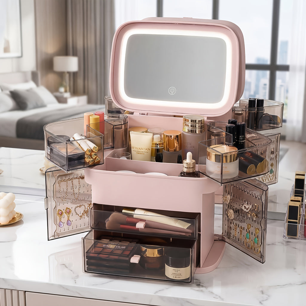 Open pink makeup organizer with mirror and drawers
