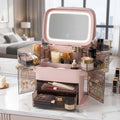 Open pink makeup organizer with mirror and drawers