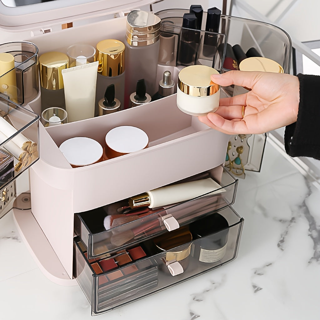Close view of the organizer compartments holding cosmetics