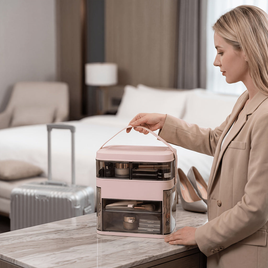 Makeup organizer being carried to a table by its handle