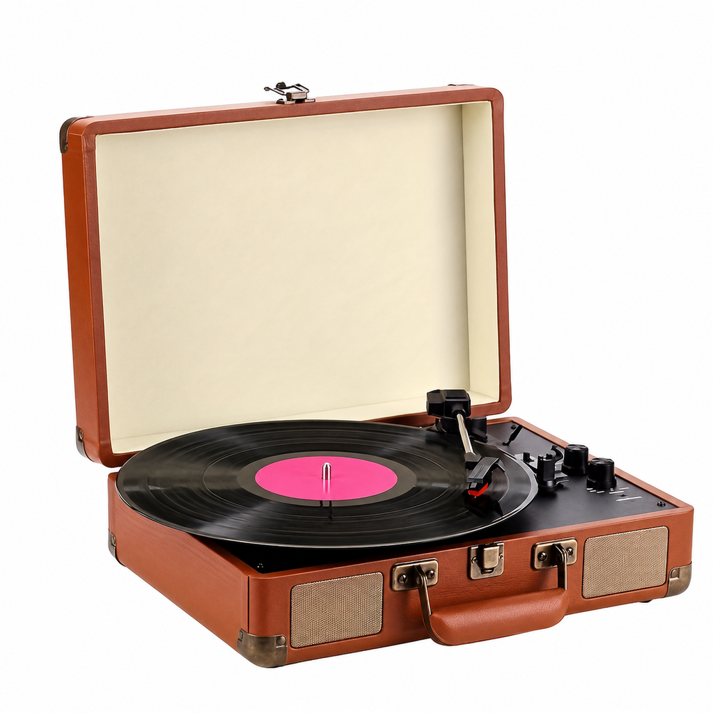 Open brown suitcase record player on a white background