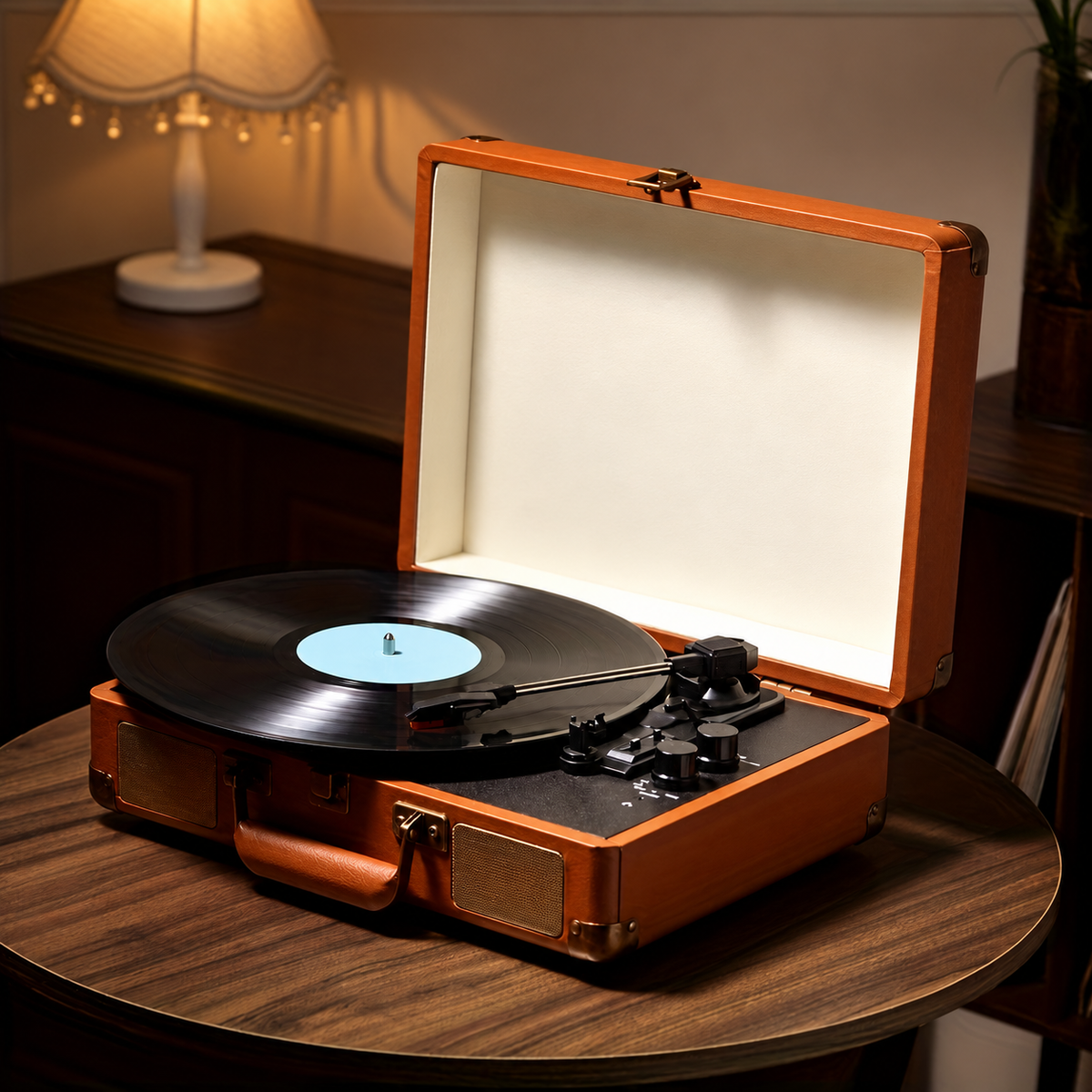 Brown record player on a round wooden table in warm light