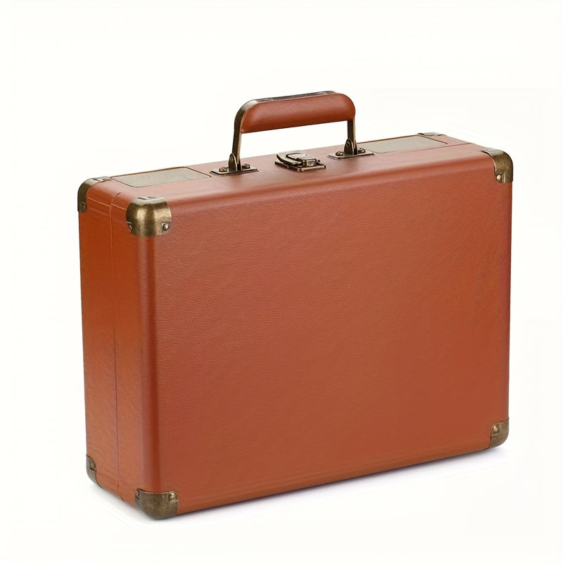 Closed brown record player with carry handle and metal fittings