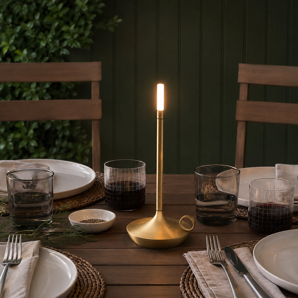 Gold portable table lamp glowing on a set dining table.
