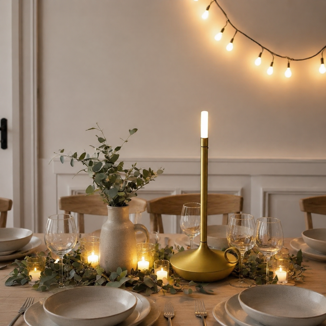 Gold portable table lamp glowing among greenery and candles on a dining table.