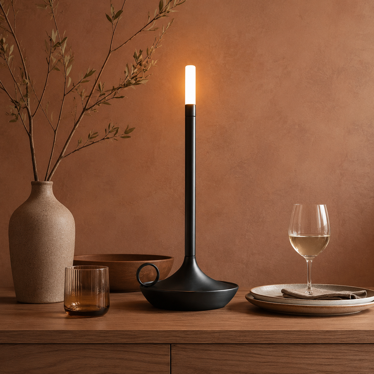 Black portable table lamp beside a vase, glass and stacked plates.