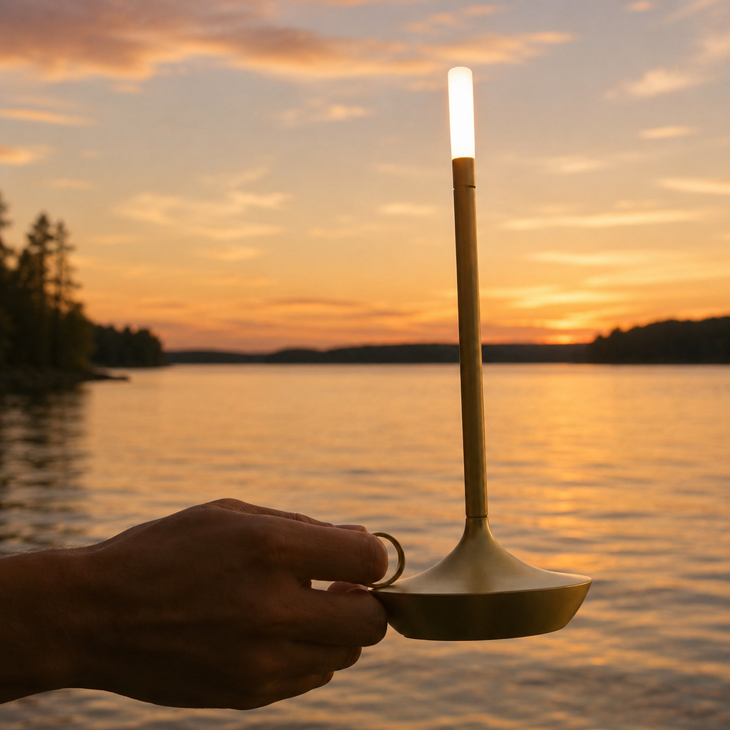 Gold portable table lamp held by its ring beside a lake at sunset.