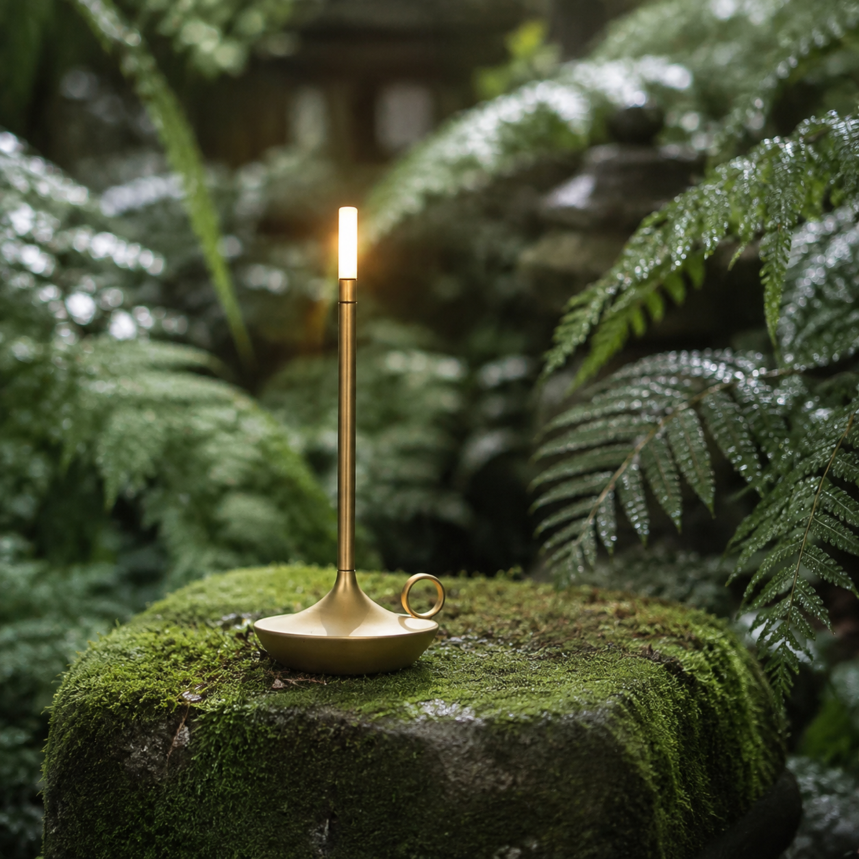 Gold portable table lamp glowing on a moss-covered stone among ferns.