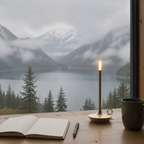 Gold portable table lamp on a desk overlooking a misty mountain lake.