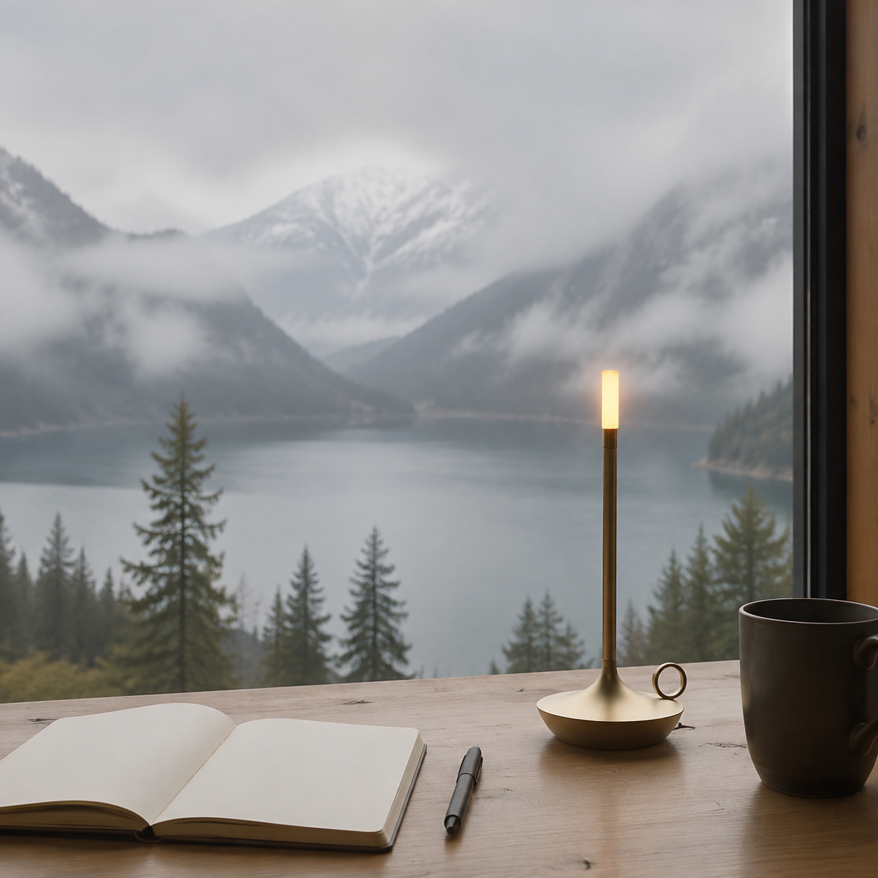 Gold portable table lamp on a desk overlooking a misty mountain lake.