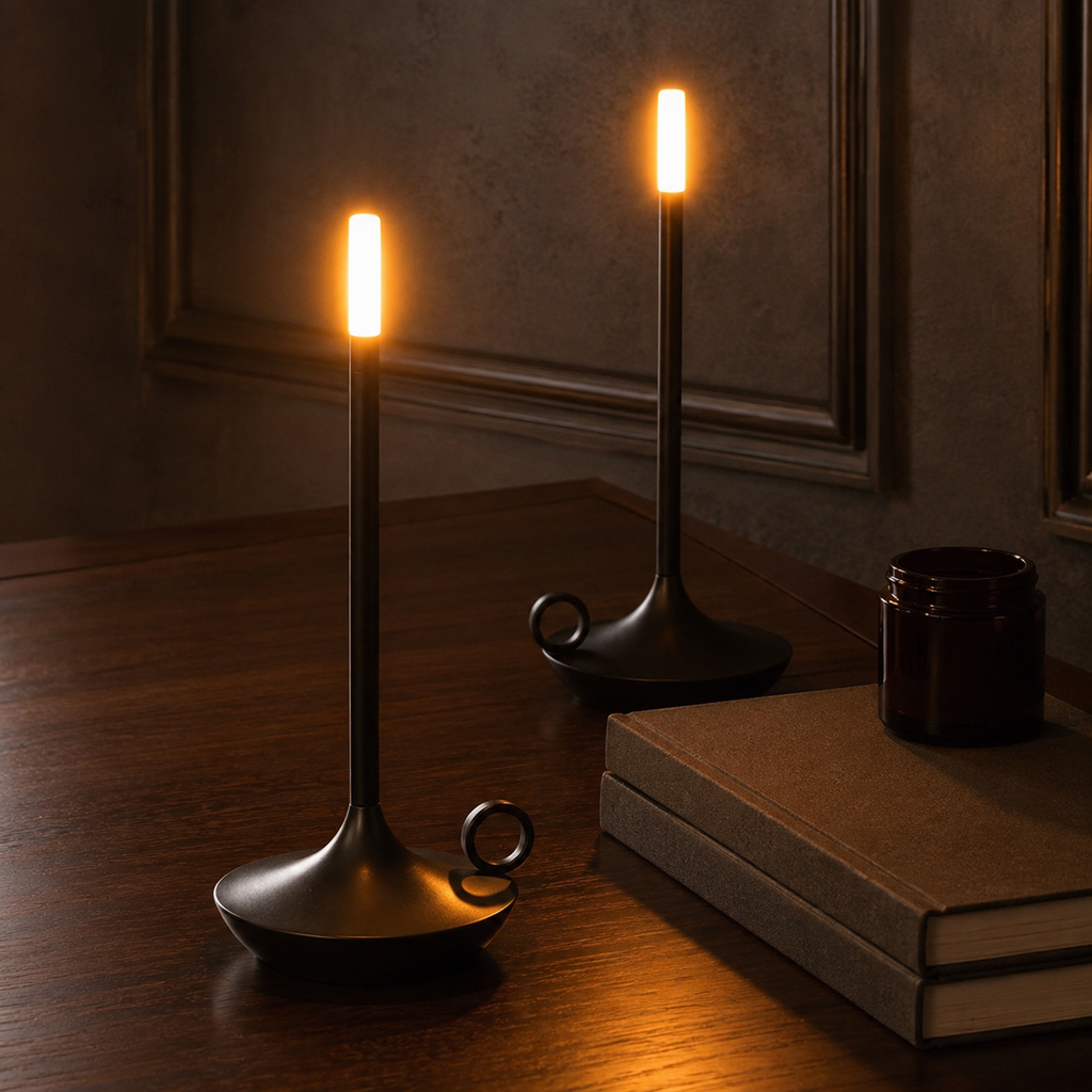 Two black portable table lamps glowing beside blank books and a candle jar.