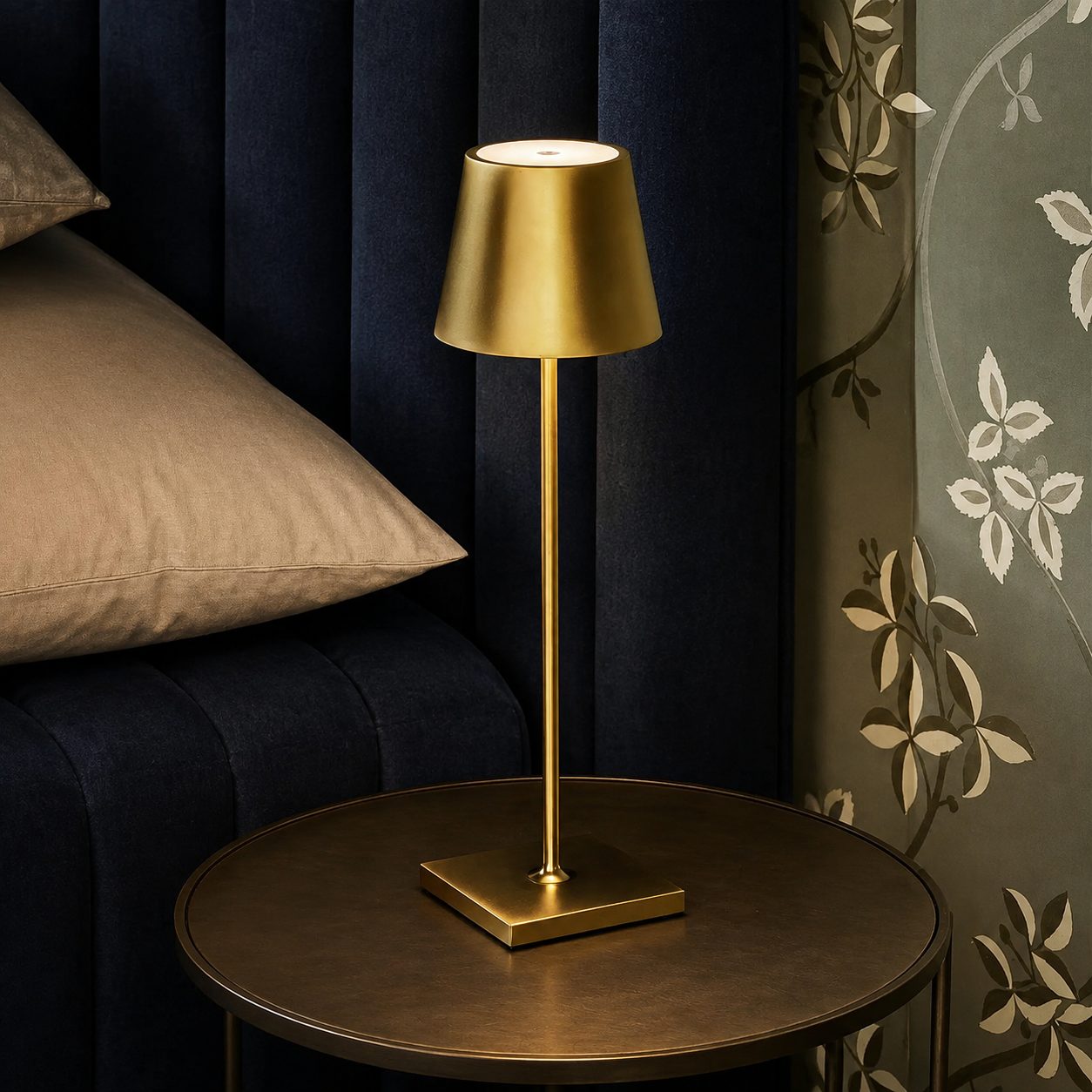 Gold portable table lamp on a bronze bedside table beside navy upholstery