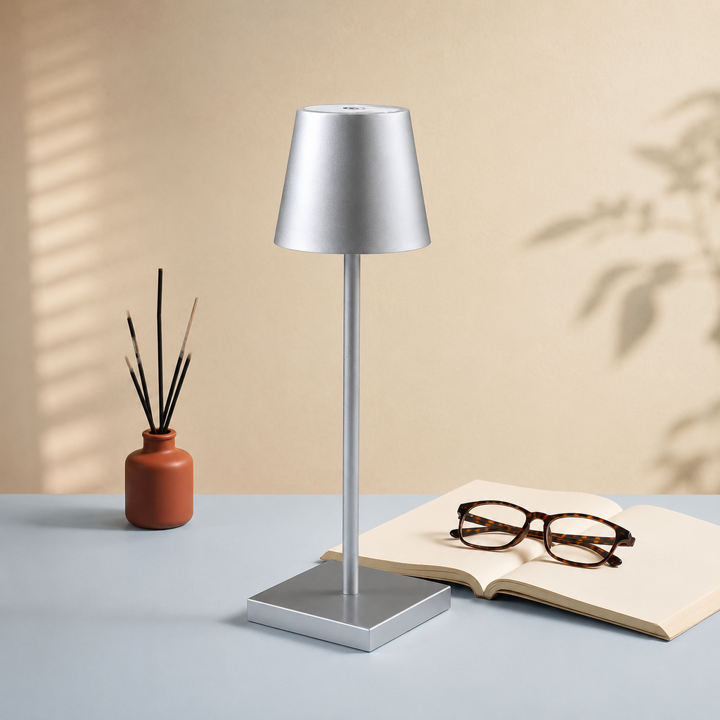 Silver portable table lamp beside a reed diffuser and reading glasses