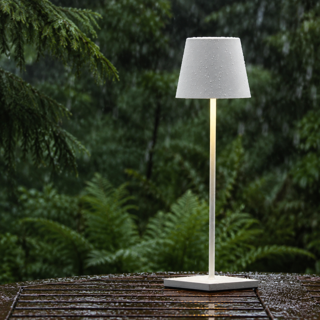 White portable table lamp glowing on a wet teak table in rain