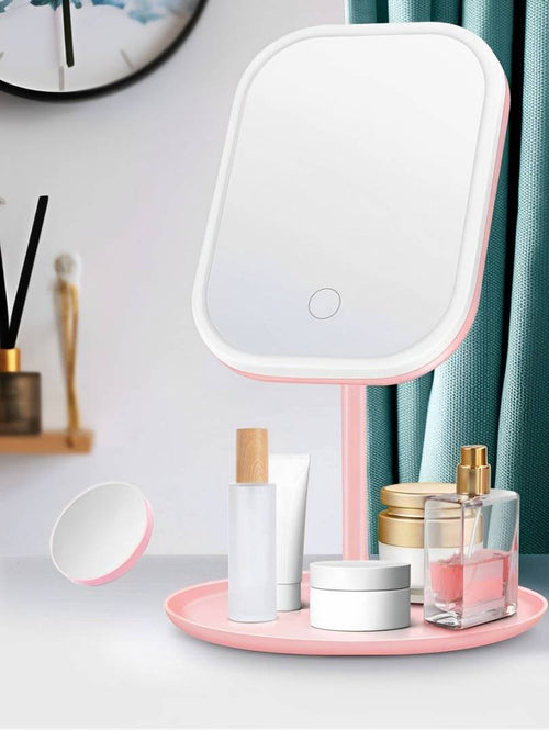 Portable Vanity Makeup Mirror | Three Color Touch LED Light, Rechargeable Plastic And Glass, White