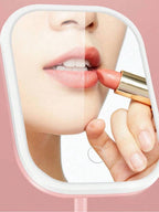 Touch controlled makeup mirror with organizer tray