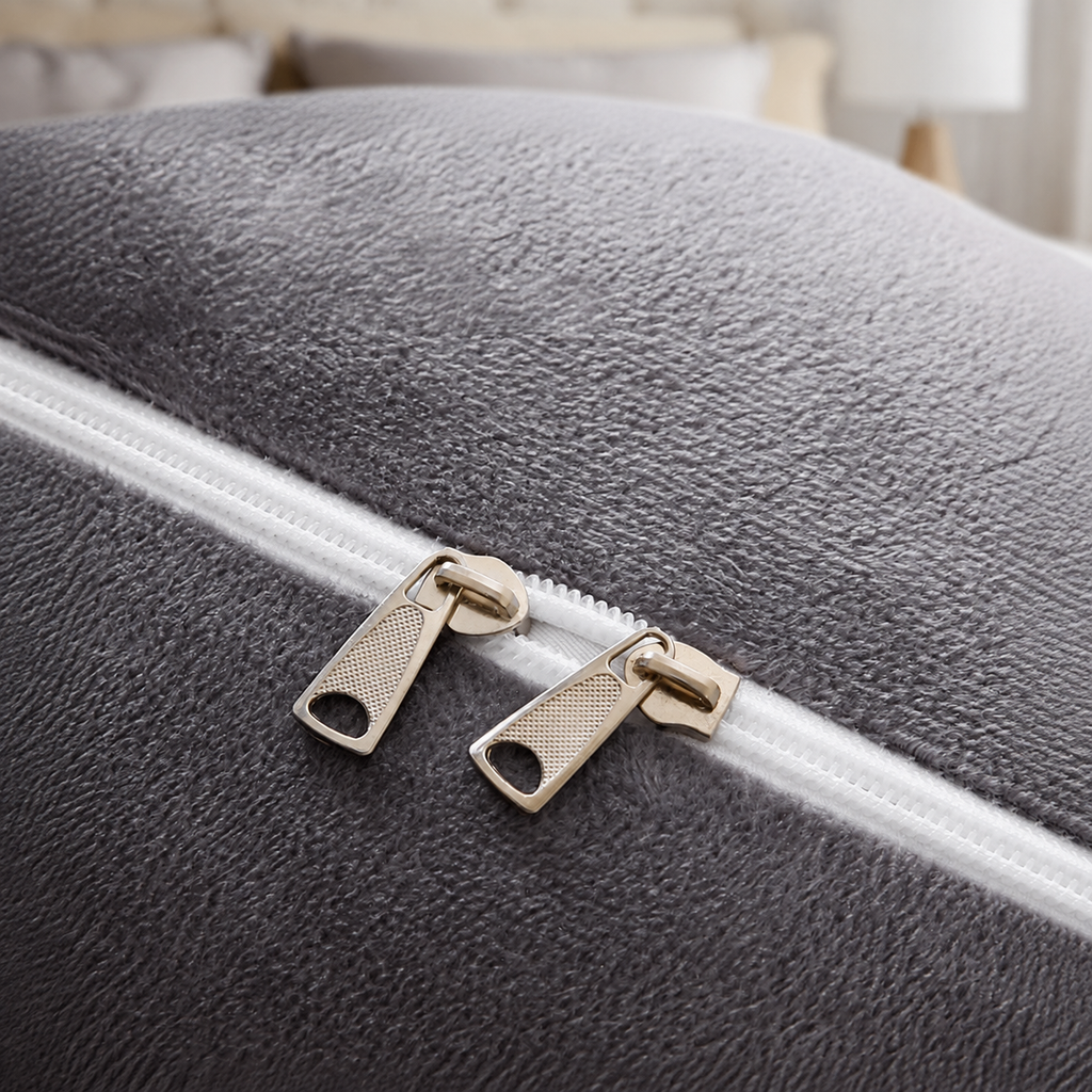 Gray pregnancy pillow cover with dual zipper detail.